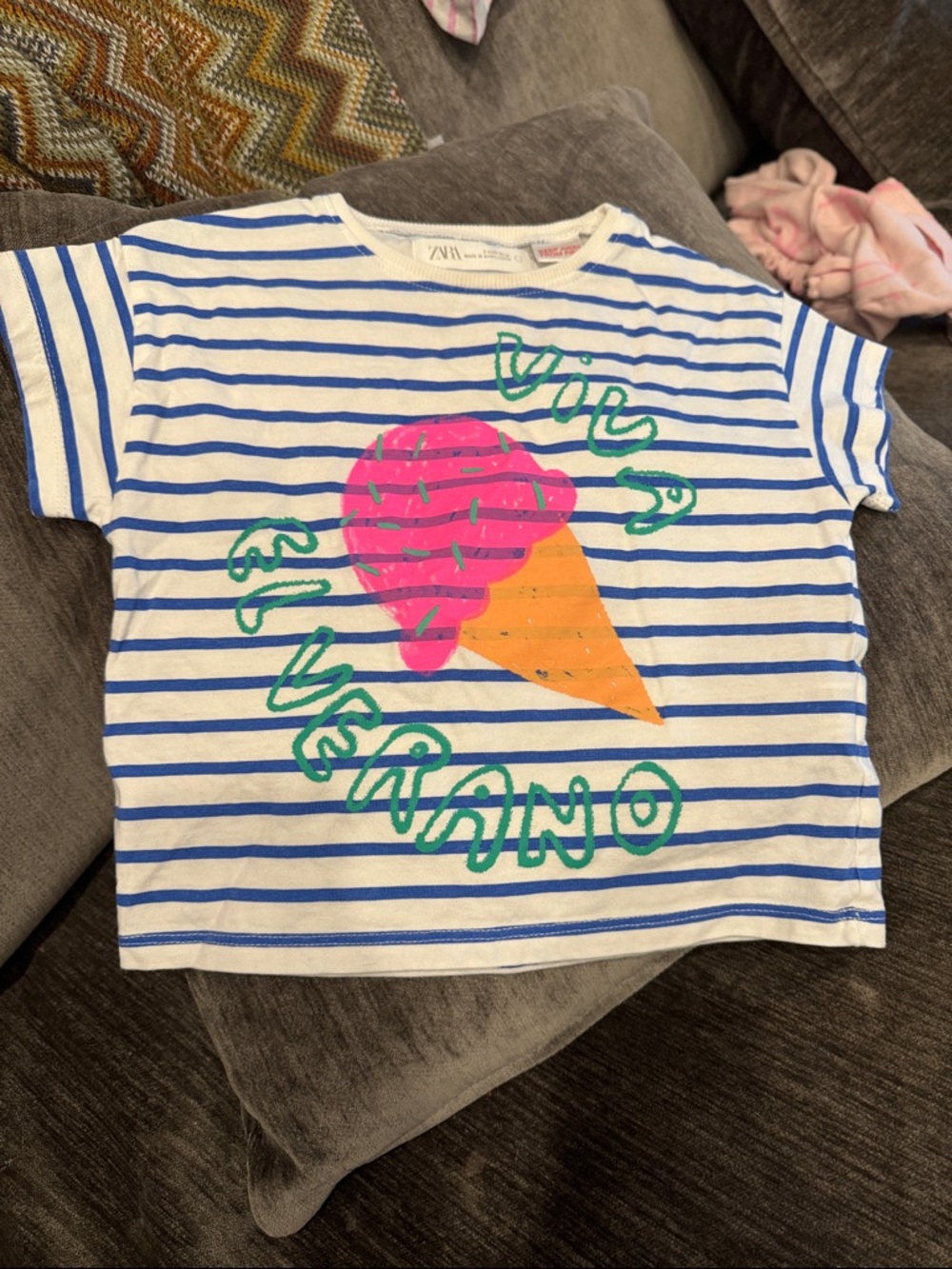 Zara White & Blue Striped Tee with Pink Ice Cream Graphic